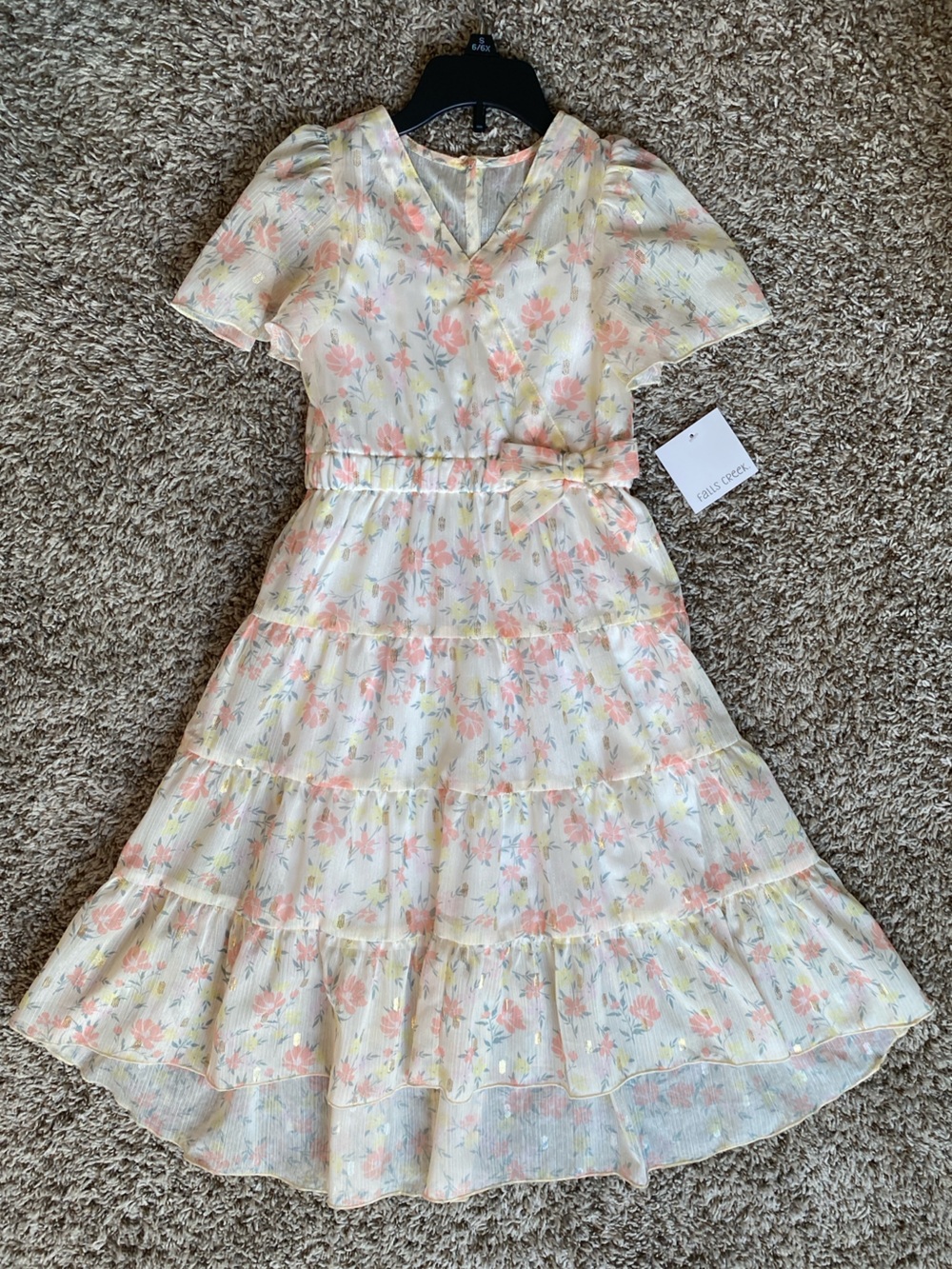 Girls Light Floral Tiered Summer Dress in Pastel Yellow Size Small 6/6X